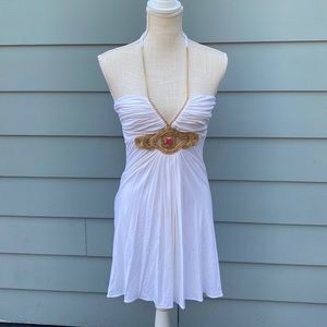 Sky brand metal chain rhinestone halter mini cocktail club dress